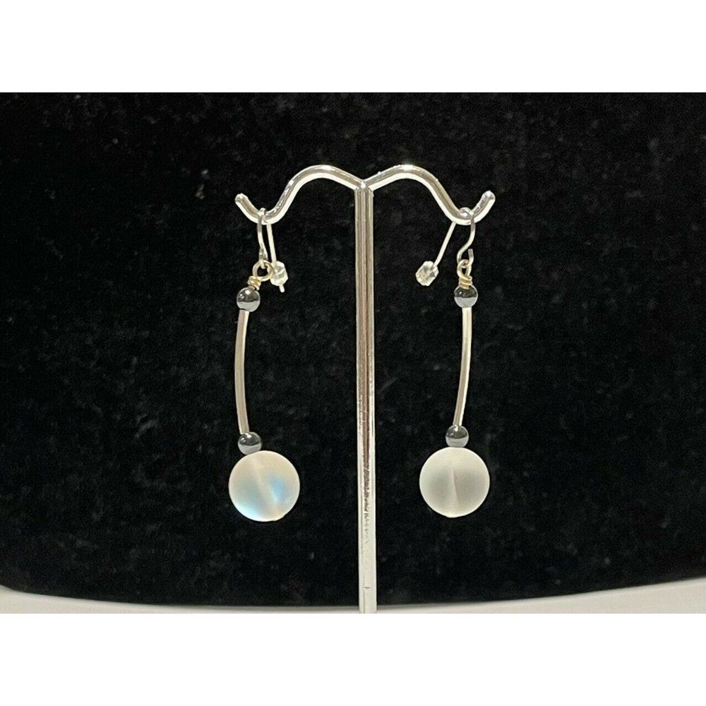 Artisan iridescent Frosted ball orb Dangle Pendulum hook Earrings Silver Tone